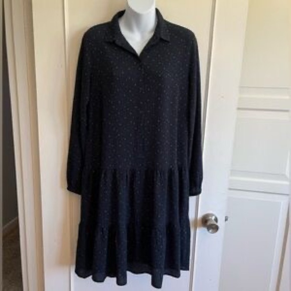Black Long-Sleeve Collared Drop-Waist Dress